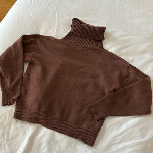 Brown, cropped, knit turtleneck sweater